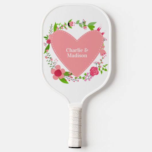 Raquette De Pickleball Votre(s) nom(s) dans un coeur de fleurs (Verso)