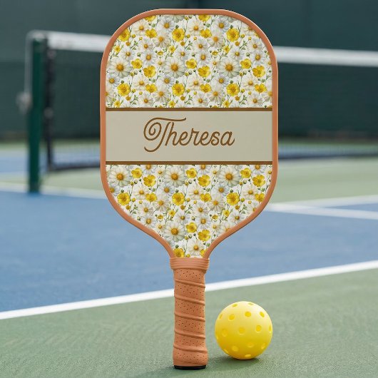 Raquette De Pickleball Yellow Wildflowers Pattern Monogram Name