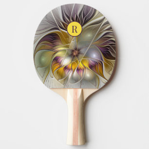 Raquette De Ping Pong Abstrait Fleur colorée Moderne Monogramme Fractal