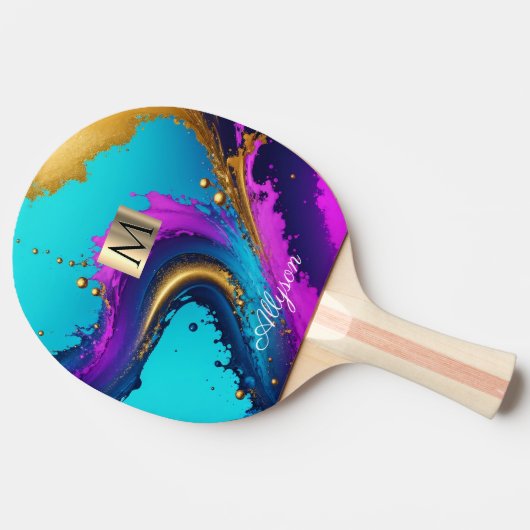 Raquette De Ping Pong Abstrait Liquide Dynamique, Nom Et Monogramme, Vs  (Côté)