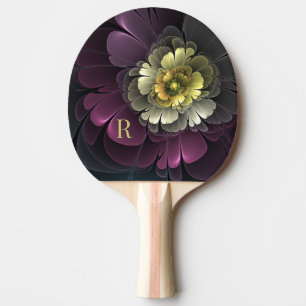 Raquette De Ping Pong Abstrait Monogramme Fleur Fractale Kaki Gris Pourp