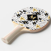 Raquette De Ping Pong Abstrait noir gris jaune floral Monogramme (Devant Angle)