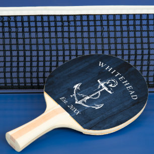 Raquette De Ping Pong Ancre Naútíque Monogramme Bois Bleu Marine
