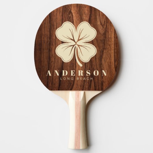Raquette De Ping Pong Antique Cherry Wood Four Leaf Clover with Name (Dos)