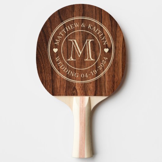 Raquette De Ping Pong Antique Cherry Wood Wedding Monogram Heart (Devant)