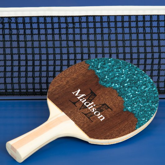 Raquette De Ping Pong Aqua bleu étincelle bois brun rustique Monogramme (Insitu)