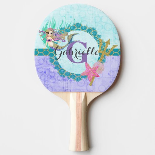 Raquette De Ping Pong Aquarelle mignonne de sirène Monogramme Turquoise  (Devant)