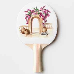 Raquette De Ping Pong Architecture méditerranéenne, fleurs, aquarelle, h