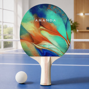 Raquette De Ping Pong Art de marbre en faux or orange aqua de luxe