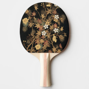 Raquette De Ping Pong Art floral automnal noir doré vintage japonais