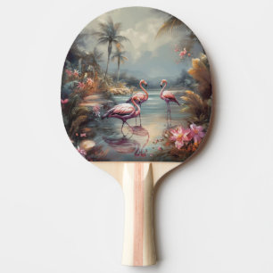 Raquette De Ping Pong Art vintage de flamant rose de lagon tropical de F