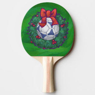 Raquette De Ping Pong Bal de soccer blanc et bleu sur vert