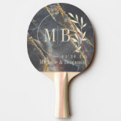 Raquette De Ping Pong Black Marble & Gold Stone Leaf Wedding Monogram (Dos)