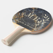 Raquette De Ping Pong Black Marble & Gold Stone Leaf Wedding Monogram (Devant Angle)