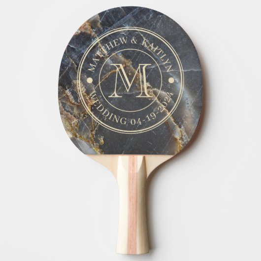 Raquette De Ping Pong Black Marble & Gold Stone Wedding Monogram (Devant)