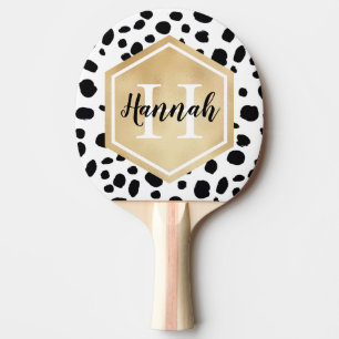 Raquette De Ping Pong Black White Spots Motif Gold Monogramme