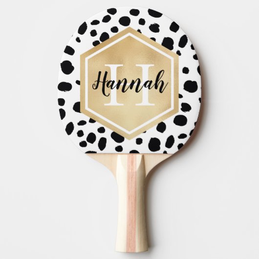 Raquette De Ping Pong Black White Spots Motif Gold Monogramme (Devant)