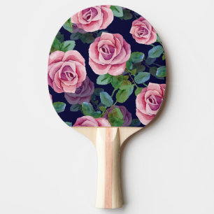 Raquette De Ping Pong Bleu foncé, Roses Roses Rose Aquarelle.