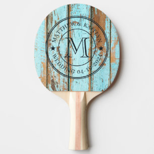 Raquette De Ping Pong Bleu Lavage Bois Mariage Monogramme Étoile