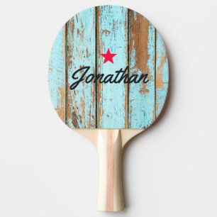 Raquette De Ping Pong Bleu Lavé Bois Étoile Vintage Signature