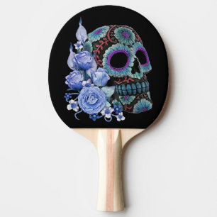 Raquette De Ping Pong Blue Floral Black Sugar Skull Jour des morts