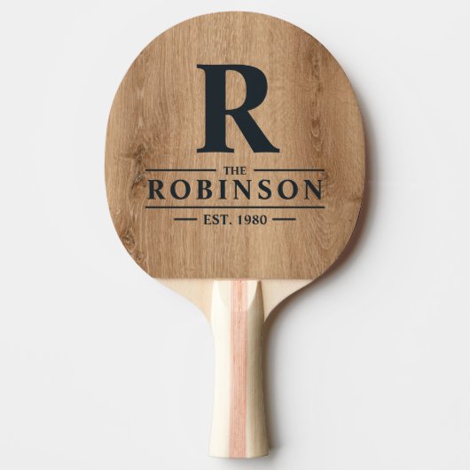 Raquette De Ping Pong Bois de Teck Clair Nom de Famille & Initiale (Devant)