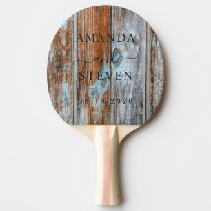 Raquette De Ping Pong Bois lavé bleu usé avec date de mariage pour coupl