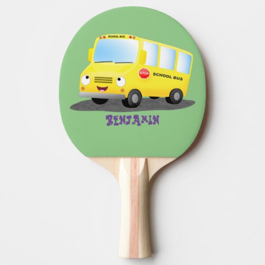 Raquette De Ping Pong Caricature du bus scolaire jaune joyeux (Devant)