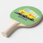 Raquette De Ping Pong Caricature du bus scolaire jaune joyeux (Devant Angle)