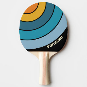 Raquette De Ping Pong Cercle à rayure arc-en-ciel noir avec nom