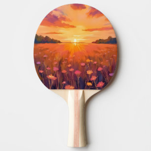 Raquette De Ping Pong Champ de fleurs aquarelle coucher de soleil à l'he