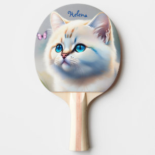 Raquette De Ping Pong chat blanc aux yeux bleus, peinture à l'aquarelle