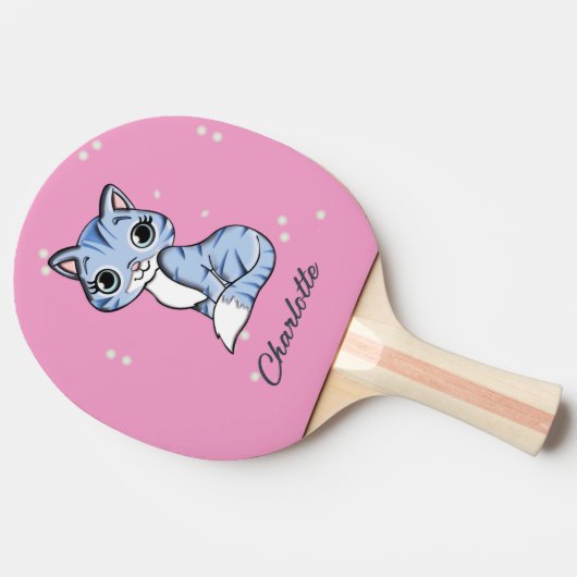 Raquette De Ping Pong Chat bleu mignon sur nom personnalisé rose (Côté)