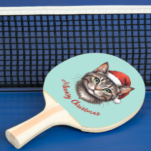Raquette De Ping Pong Chat de Noël mignon personnalisé avec chapeau de P