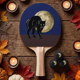 Raquette De Ping Pong Chat noir rôdant Halloween dans une nuit de pleine