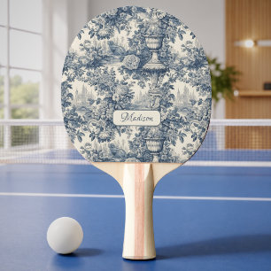 Raquette De Ping Pong Chic floral vintage monogramme bleu toile de Jouy