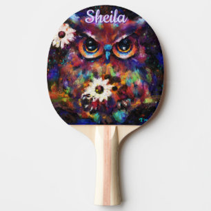 Raquette De Ping Pong Chouette florale impressionniste de Whimsical Pers