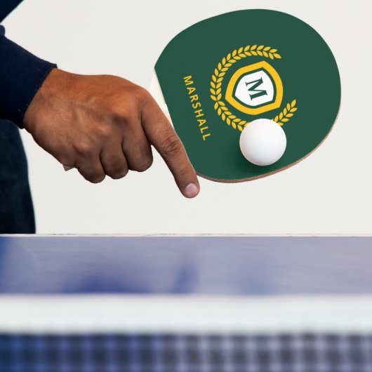 Raquette De Ping Pong Cimier logo Monogramme Vert et Or (Insitu)