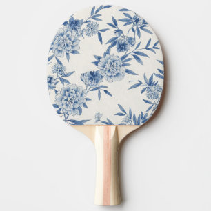 Raquette De Ping Pong Classique motif toile florale bleue aquarelle blan
