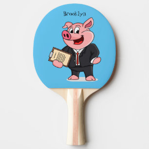 Raquette De Ping Pong Cochon amusant en costume d'affaires dessin animé