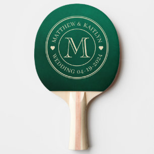 Raquette De Ping Pong Cœur de monogramme de mariage vert émeraude