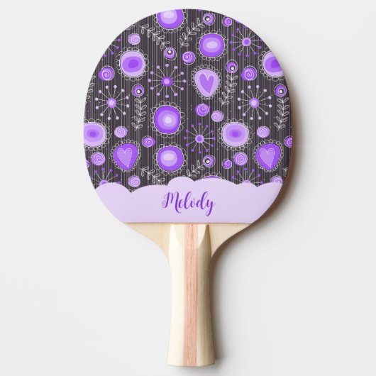 Raquette De Ping Pong Coeur gris violet blanc et nom floral (Devant)