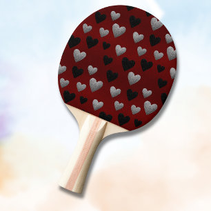 Raquette De Ping Pong Cœurs Pailletés Argentés et Noirs sur Fond Bordeau