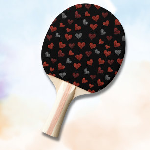 Raquette De Ping Pong Cœurs Pailletés Rouge Bourgogne Argent sur Fond No