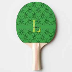 Raquette De Ping Pong Coeurs verts Motif Monogramme et nom personnalisé