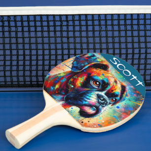 Raquette De Ping Pong Coloré Pop Art Boxer Chien Personnalisé Turquoise