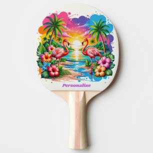 Raquette De Ping Pong Coucher de soleil paradisiaque sur un flamant rose