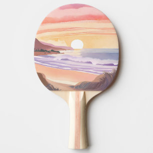 Raquette De Ping Pong Coucher de soleil sur la mer rose   Peinture aquar