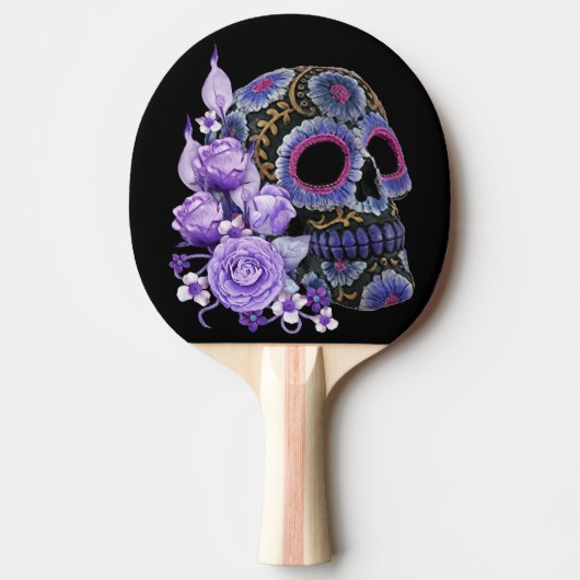Raquette De Ping Pong Crâne de sucre noir violet Floral Jour des morts (Devant)