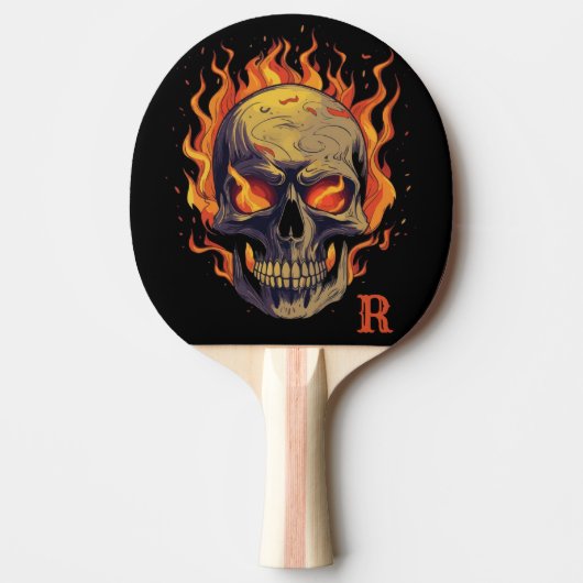 Raquette De Ping Pong Crâne gothique foncé en flammes Monogramme initial (Devant)